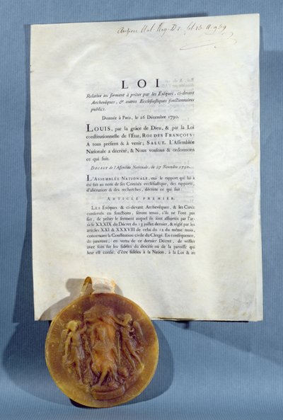 Fransız piskopos ve rahiplerin Ruhbanların Sivil Anayasasına bağlılık yemini etme yükümlülüğünü onaylayan Louis XVI Kraliyet Kararnamesi, 16 Aralık 1790 (basılı kağıt ve mum mühür) by French School