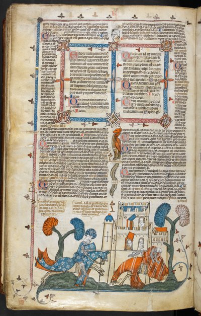 Royal MS 10 E IV f.313v, bir şövalyenin diğerini bir kalenin önünde atından indirmesini gösteren sayfa başı sahne, c.1300-40 (parşömen üzerine kalem ve mürekkep ve tempera) by French School