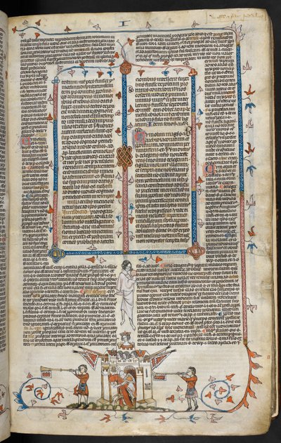 Royal MS 10 E IV f.66r, bir şatodan çıkan atlı bir şövalyenin alt sayfa sahnesi, c.1300-40 (parşömen üzerine kalem ve mürekkep ve tempera) by French School