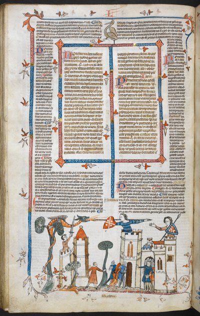 Royal MS 10 E IV f.88v, bir şatoya saldıran bir ejderhanın alt sayfa sahnesi, c.1300-40 (parşömen üzerine kalem ve mürekkep ve tempera) by French School