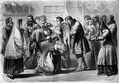Rus geleneği - Düğün - 1860: düğün öncesi töreni. Vaftiz babası ve vaftiz annesi gelecekteki evlilikleri kutsasın. Vaftiz babası onlara, dini adanmanın sembolü olan Mesih