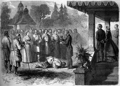 Rus geleneği: bir serfin kurtuluş töreni. Teslimiyetin bir işareti olarak, özgür serf, kendisini bir bardak patates konyakına döken efendisinin ayaklarını öper. 23 Mart 1861 tarihli “Le Monde Illustré” n°206