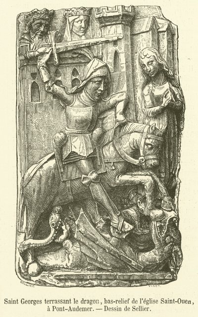 Saint George ejderhayı öldürürken, Saint-Ouen kilisesinin alçak kabartması, Pont-Audemer