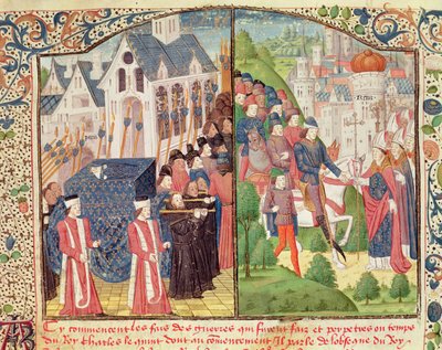 Saint Louis'in 1270'te Paris'teki Cenazesi ve Charles V'nin 1364'te Reims'e gelişi, katedralde kral olarak taç giydirilmek üzere, Jean Froissart'ın (c.1337-c.1405) bir el yazmasından 'Chroniques' (parşömen) by French School