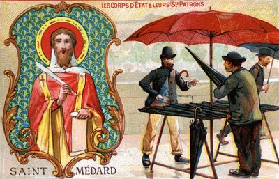 Saint Medard, Şemsiye Satıcılarının Koruyucu Azizi, 1910 dolayları (renkli litho) by French School