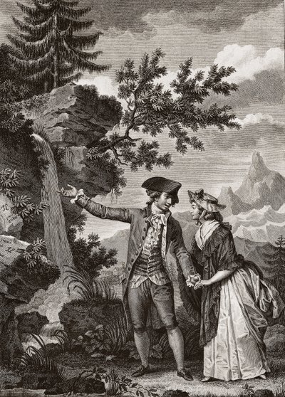 Saint Preux ve Julie İsviçreli filozof Jean Jacques (Jean-Jacques) Rousseau (1712-1778) tarafından “Julie ou la nouvelle Heloise” için 1793 tarihli gravür - Julie ve Saint-Preux, Jean-Jacques Rousseau tarafından 