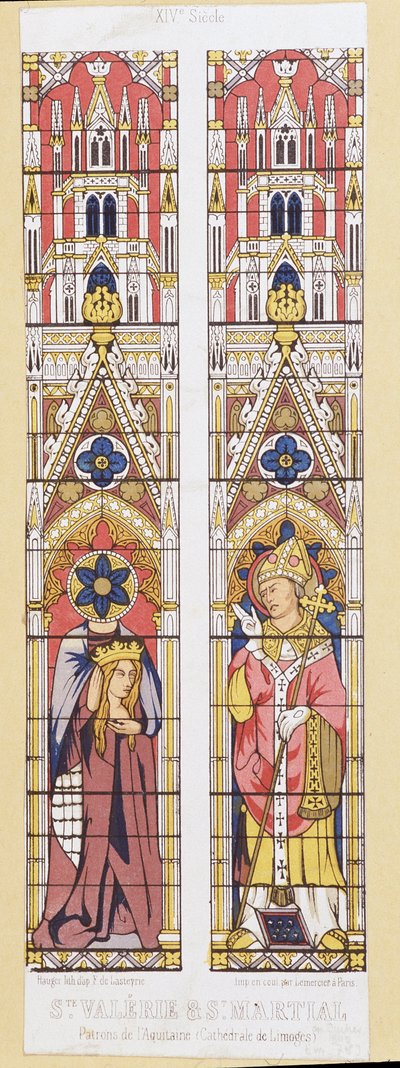 Aziz Valerie, Limoges'te (3. yüzyıl) bakire ve şehit ve Aquitaine'nin patronları olan Limoges'in arifesi Aziz Martial (3. yüzyıl). Cathedrale de Limoges'in vitray pencerelerini taklit eden fac benzetme. by French School