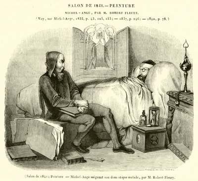 1841 Salonu, Resim, Michelangelo hasta hizmetkarına bakıyor (gravür) by French School