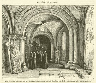 1843 Salonu, Resim, Des Moines transportant un cercueil dans la crypte de la cathedrale de Bale (gravür) by French School