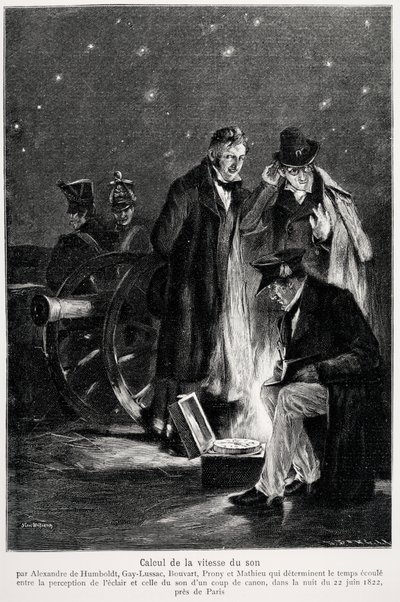 Bilimsel deney: Humboldt, Louis-Joseph Gay-Lussac (Louis Joseph Gay Lussac), Bouvard, Prony ve Mathieu tarafından ışık algısı ile bir silah atışının algılanması arasında geçen süreyi belirleyen ses hızının hesaplanması, gecede by French School