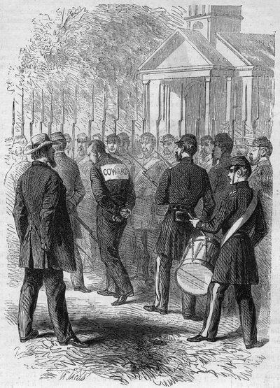 Ayrılık Savaşı (1861-1865) veya Amerikan İç Savaşı: savaşta aşırılık yapmakla suçlanan kuzey silahının bir askerinin cezalandırılması. Elleri bağlı, sırtında “Lache” işaretiyle kampın içinden davul sesiyle geçer. Gravür “” Le Monde Illustré”” n° by French School