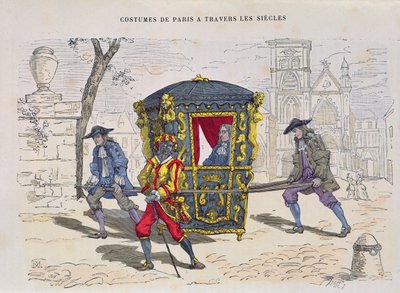 1887'de yayınlanan Costumes de Paris a Travers les Siecles'dan Onaltıncı Yüzyılda Sedan Sandalye (renkli gravür) by French School