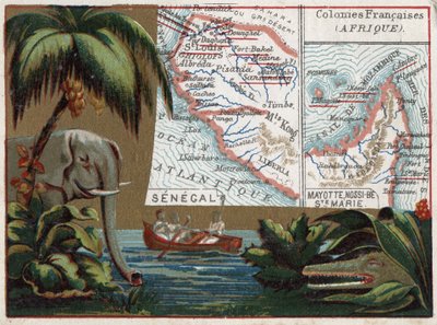 Senegal, Mayotte, Ile de Sainte Marie, Nossi Be (Nossi-be veya Nosy-be veya Nosy-be), Afrika. Fil, timsah ve nehirde tekne. Fransız kolonileri üzerine dizi. Kromolitografi (Chromo) 1920 dolaylarında “coğrafi konu””. Özel koleksiyon. by French School