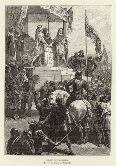 Serment de Strasbourg. Strasbourg Yeminleri, Alman Louis ile Kel Charles arasındaki ittifak, Doğu ve Batı Francia Kralları, 842 (gravür) by French School