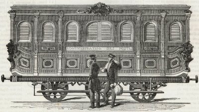 Postane - mobil ofisin dış görünümü - Edmond Texier 1852 tarafından “Tableau-de-Paris” de gravür by French School
