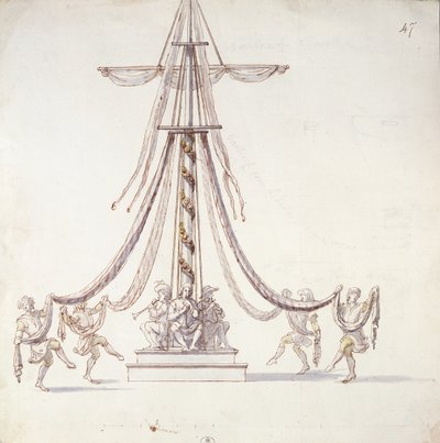 Les Menus Plaisirs du Roi (kağıt üzerinde tuvalet ve kalem ve mürekkep) adlı bir koleksiyondan, bir direğin etrafında dans eden denizcilerin olduğu bir bale için set tasarımı by French School