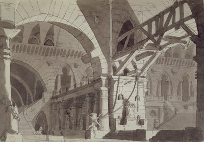 Piranesis hapishane çizimleri tarzında set tasarımı, c.1800 (kalem, mürekkep ve yıkama) by French School