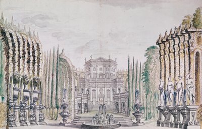 Bir tiyatro için saray tasarımı, c.1660-80 (kağıt üzerinde kalem & mürekkep ve wc) by French School