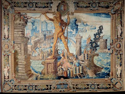 Dünyanın yedi harikası: Rodos Heykeli (Helios heykeli). Goblenlerin atölyesi tarafından yapılan goblen. 17. yüzyıl Paris, Musee des Gobelins by French School