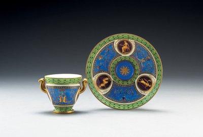 Sevres bleu celeste ve soluk yeşil zemin iki kulplu fincan ve fincan tabağı, 1790 by French School