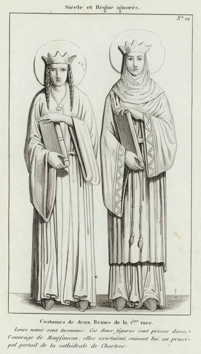 Century ve Reign görmezden gelindi, 1. ırkın iki Kraliçesinin kostümleri (gravür) by French School