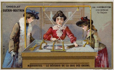 İpek imalatı. Elyafların bir makaraya döndürülmesi (chromolitho) by French School