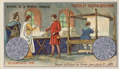 Louis V, 986 saltanatından Reims gümüş denye (chromolitho) by French School