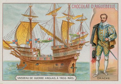 Sir Francis Drake ve üç direkli bir İngiliz savaş gemisi by French School