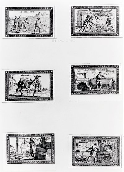 Ekmek yapımını gösteren altı vinyet (gravür) (bw photo) by French School