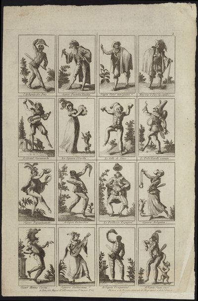 Kostümlü figürleri gösteren on altı panel by French School