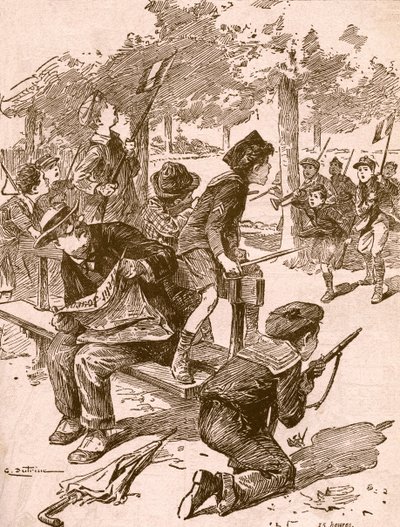 Birinci Dünya Savaşı sırasında Fransa'da savaş oyunları oynayan küçük çocuklar. Agenda Buvard du Bon Marche'tan 1917'de yayınlandı. by French School