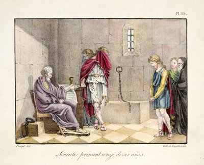 Sokrates arkadaşlarından veda ederken, meyhane. Engelmann, c.1835 (el renkli gravür) by French School