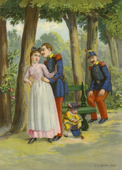 Parkta hizmetçiye yaklaşan asker (kromolito) by French School