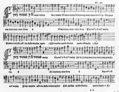 Pierre Attaignant (d.1552) tarafından yayınlanan Chansons Musicales şarkı sayfası 1535-36 by French School