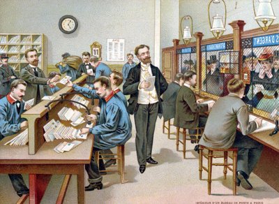 Paris Postanesindeki Postayı Sıralama, Postane takviminden çizim, 1904 by French School
