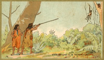 Güney Amerika Kızılderilileri, üfleme borularıyla (chromolitho) maymun avlıyorlar. by French School