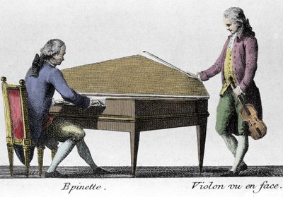 Spinette ve Keman çalar. 18. yüzyılın sonundan gravür. by French School