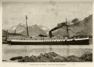 Vapur The Queen, Sitka limanında (Alaska, ABD). Bocher tarafından gravür, 1890