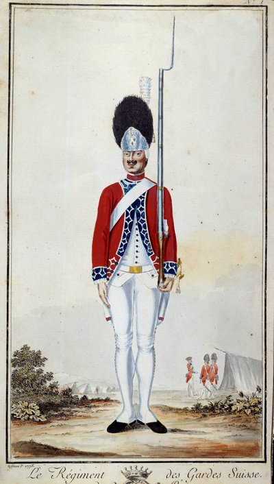 SwissGuard. Levha 16 “”Louis XVI altında Fransız birliklerinin askeri üniformalarının özeti”” 1779 litografisi. Dim. 0.23x0.16 m. Paris, Ordu Müzesi by French School