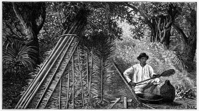 Syringuero, lateks oluşturan kauçuk sigara içiyor. 1898 gravürü. by French School