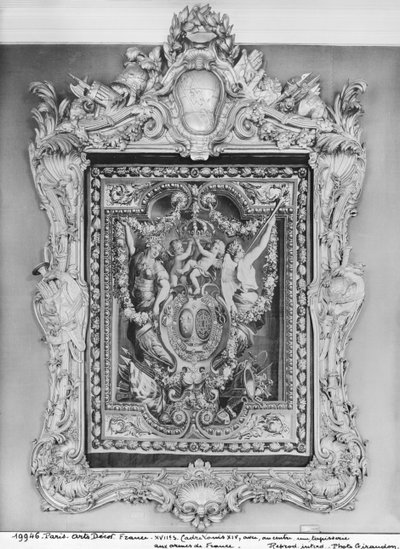 Louis XIV çerçeveli Fransız Kraliyet Ailesi armasının goblen by French School