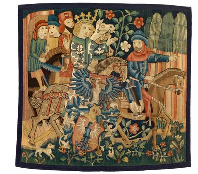 Fransa Kraliçesi ve Sadakatsiz Marshall ile duvar halısı, orta yüksek Alman şiiri 'Die Konigin von Frankreich.... Marshall'ı tasvir ediyor, muhtemelen Strasbourg'dan, 1495-1500 dolayları (yün ve keten) by French School