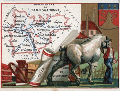 Tarn et Garonne (Tarn-et-Garonne, 82), Midi-Pyrenees (Midi Pyrenees), Fransa. Yerel uzmanlık: yağ, nişasta, tül, toptan Montauban çarşafı, şarap ve un değirmeni. Fransız Departmanları Üzerine Diziler. Kromolitografi (Chromo) “”coğrafi konu””, cir by French School