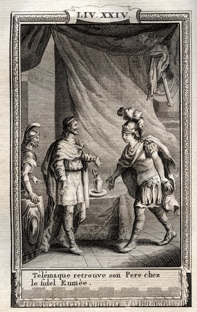 Telemaque Ulisse'i bulur - Francois de Salignac de La Mothe-Fenelon dit Fenelon'un “Les Aventures de Telemaque, fils d'Ulysse” (Telemachus'un Maceraları) içinde Monnet tarafından yapılan gravür - by French School