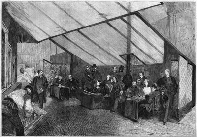 1872 Salonu: resim jürisinin bir oturumu. Sağdan sola Meissonnier, Ph. Rousseau, Breton, G. Boulanger, Robert Fleury (Robert-Fleury), Fromentin, Jalabert, Mazerolles, Brion, Bonnat, Baudry, Dubuffe, Delauney, Cabat. "" Le