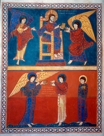 Melek, Rab'bin kitabını aldı ve Liebana keşişi Beatus'un 775'te yazdığı “Aziz Yuhanna'ya Göre Vahiy” tefsirlerinden Aziz John Minyatür'e verdi. by French School