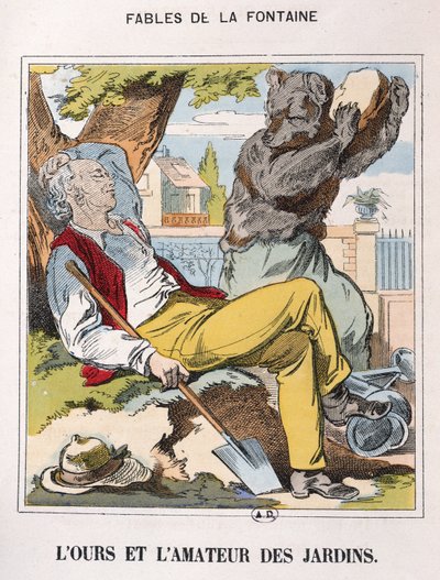 Ayı ve Bahçıvan, 'Fables de La Fontaine'den (renkli gravür) by French School