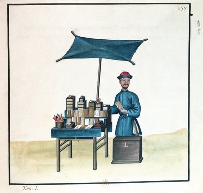 Kitap Satıcısı, Pekin sokak aramaları üzerine bir kitaptan, c.1785 (kağıt üzerinde wc ve guaj) by French School