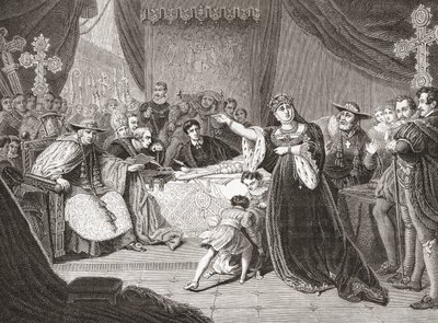 George Henry Harlow'un yazdığı Kraliçe Katharine Mahkemesi, Shakespeare'in VIII. Henry oyununda Bayan Siddons'ı Kraliçe Katharine olarak tasvir ediyor. Histoire des Peintres'ten, École Anglaise, 1867'de yayınlandı (litho) by French School