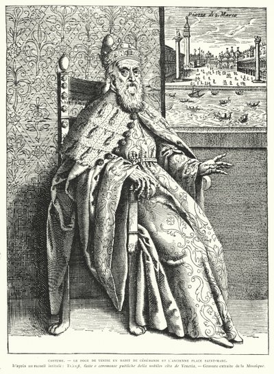 Venedik Doge onun tören cüppeleri ve eski San Marco Meydanı (gravür) by French School